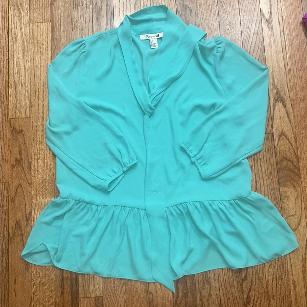Teal Blouse with Tie Detail with Ruffle Bottom Large